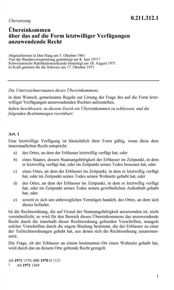 Übereink. Form letztwilliger Verfügungen